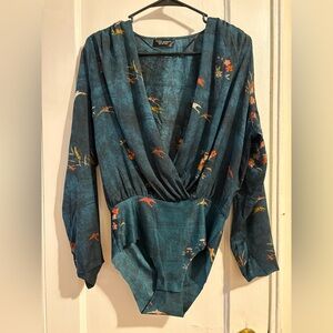 Zara Deep Teal Bird Print Bodysuit - Size Small